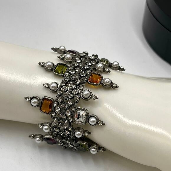 Ben-Amun Vntg Designer Multicolor Crystal White Pearl Art Deco Fringe Bracelet - Picture 3 of 12